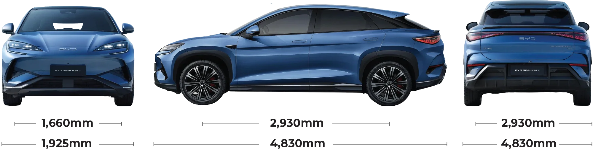 Schemat graficzny na białym tle przedstawiający sylwetkę niebieskiego SUV-a BYD Sealion 7 z trzech stron – przodu, boku i tyłu – wraz z czytelnymi wymiarami nadwozia w milimetrach.