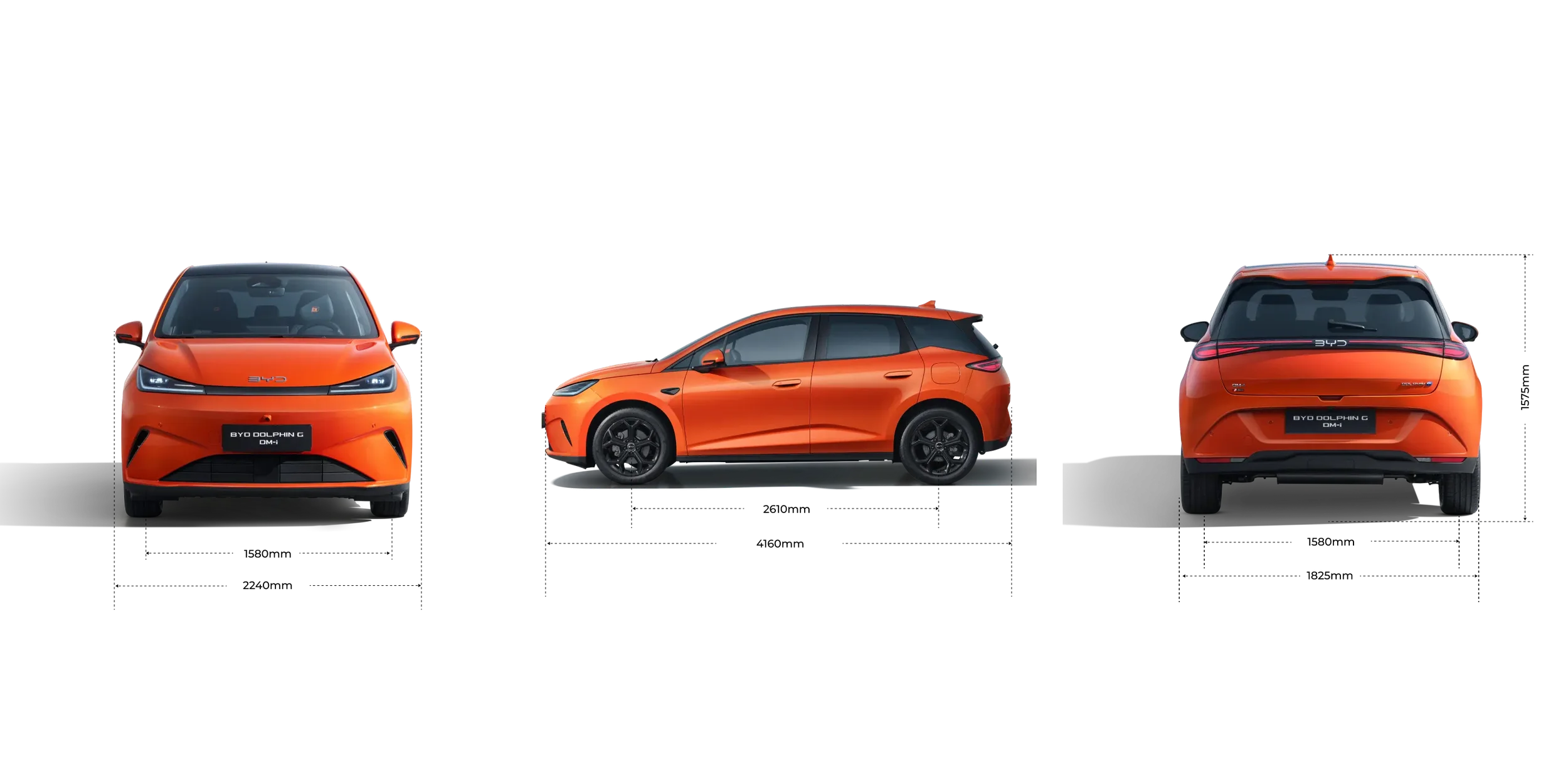 BYD Dolphin G DM-i w kolorze Orange Sunset — widok z przodu, boku i tyłu z wymiarami nadwozia