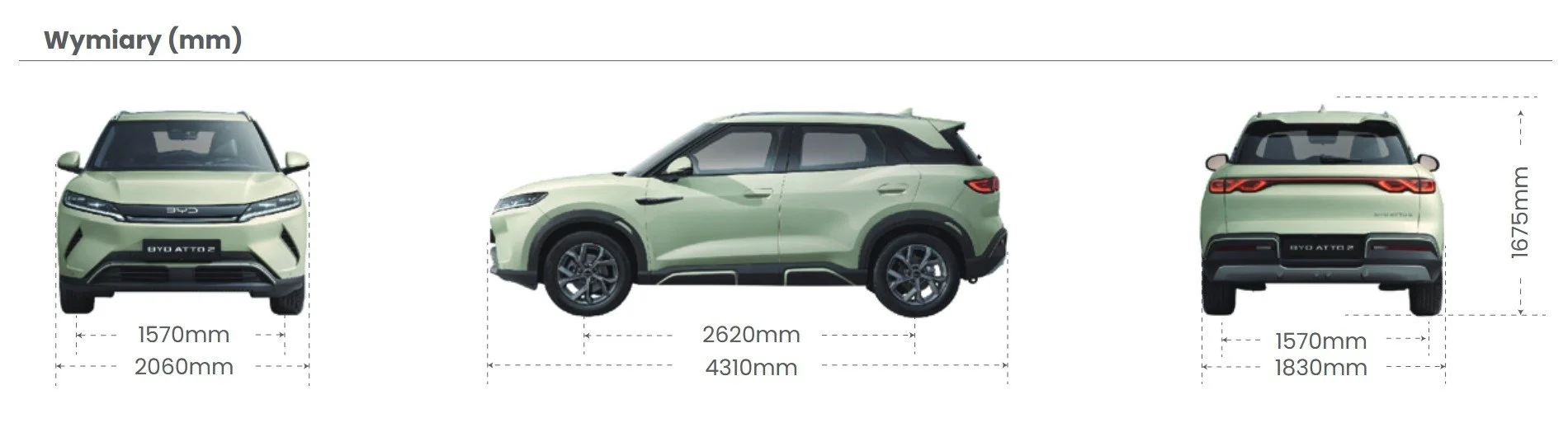 Schemat techniczny z wymiarami elektrycznego SUV-a BYD Atto 2 w jasnozielonym kolorze, przedstawiający rzut z przodu, z boku oraz z tyłu wraz z podanymi gabarytami i rozstawem osi w milimetrach.
