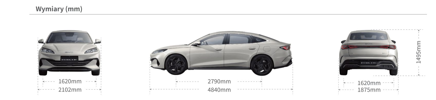 Rysunek techniczny z wymiarami BYD Seal 6 DM-i w milimetrach, przedstawiający auto z przodu (szerokość 2102 mm), z boku (długość 4840 mm, rozstaw osi 2790 mm) oraz z tyłu (wysokość 1495 mm).