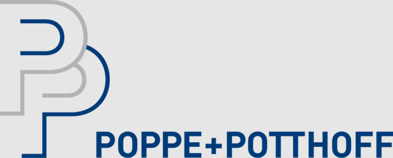 Poppe ve Pothoff markalarını temsil eden logo, mavi ve gri renklerde tasarlanmış, çizgisel ve modern görünümlü.