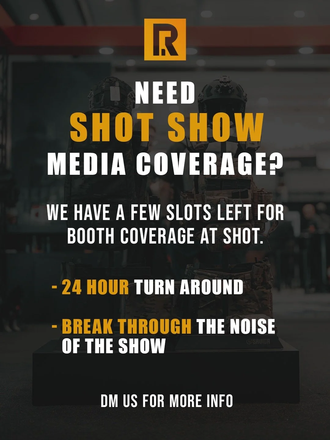 🔥 Want to break through the noise of SHOT Show? Need professional photo and video coverage of your booth and new products? We have a few slots left! We offer delivery in as little as 24 hours so you can be posting AT THE SHOW! Stand out from the sea
