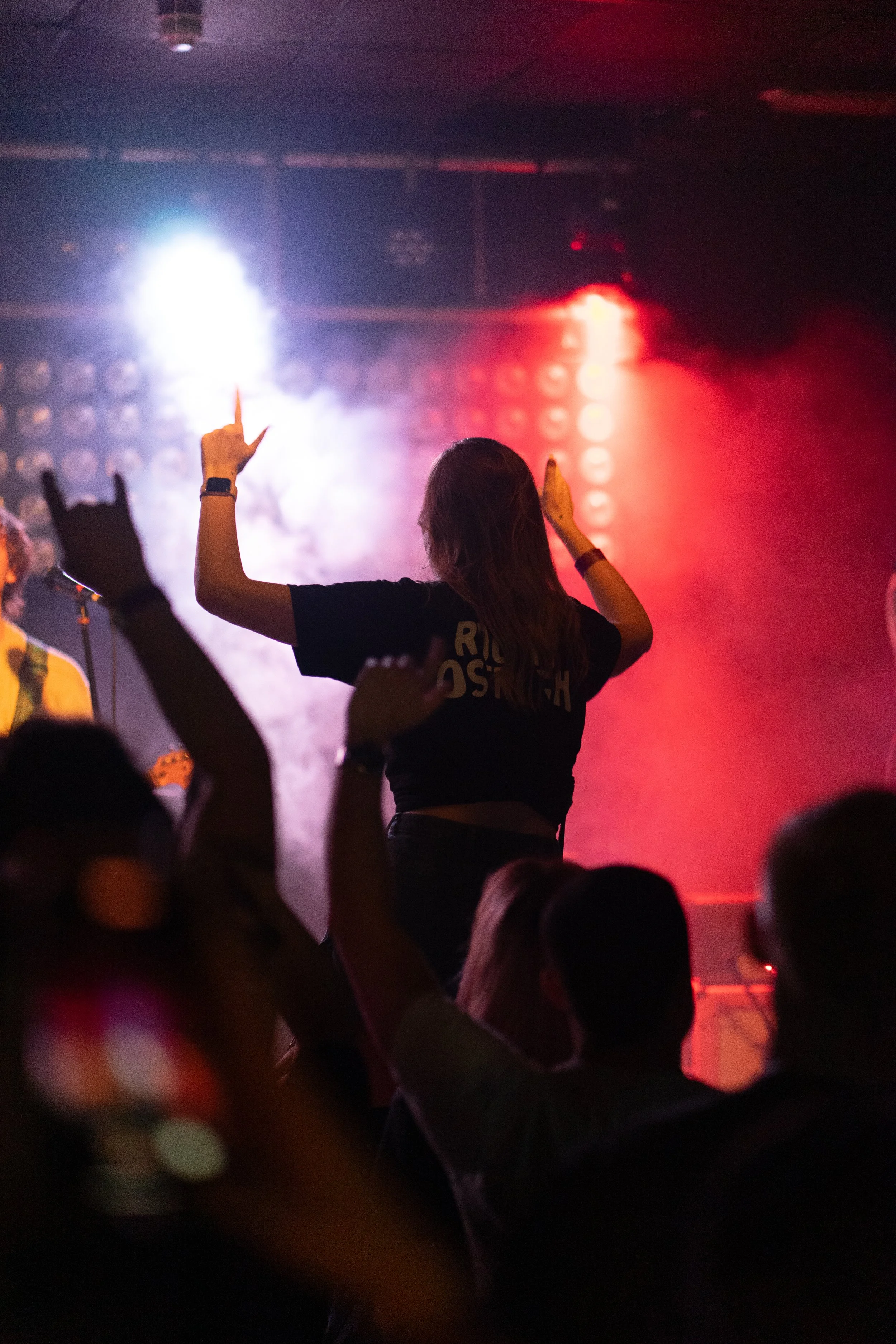 A woman dancing at a concert or nightclub with stage lighting and fog, with other people in the crowd.