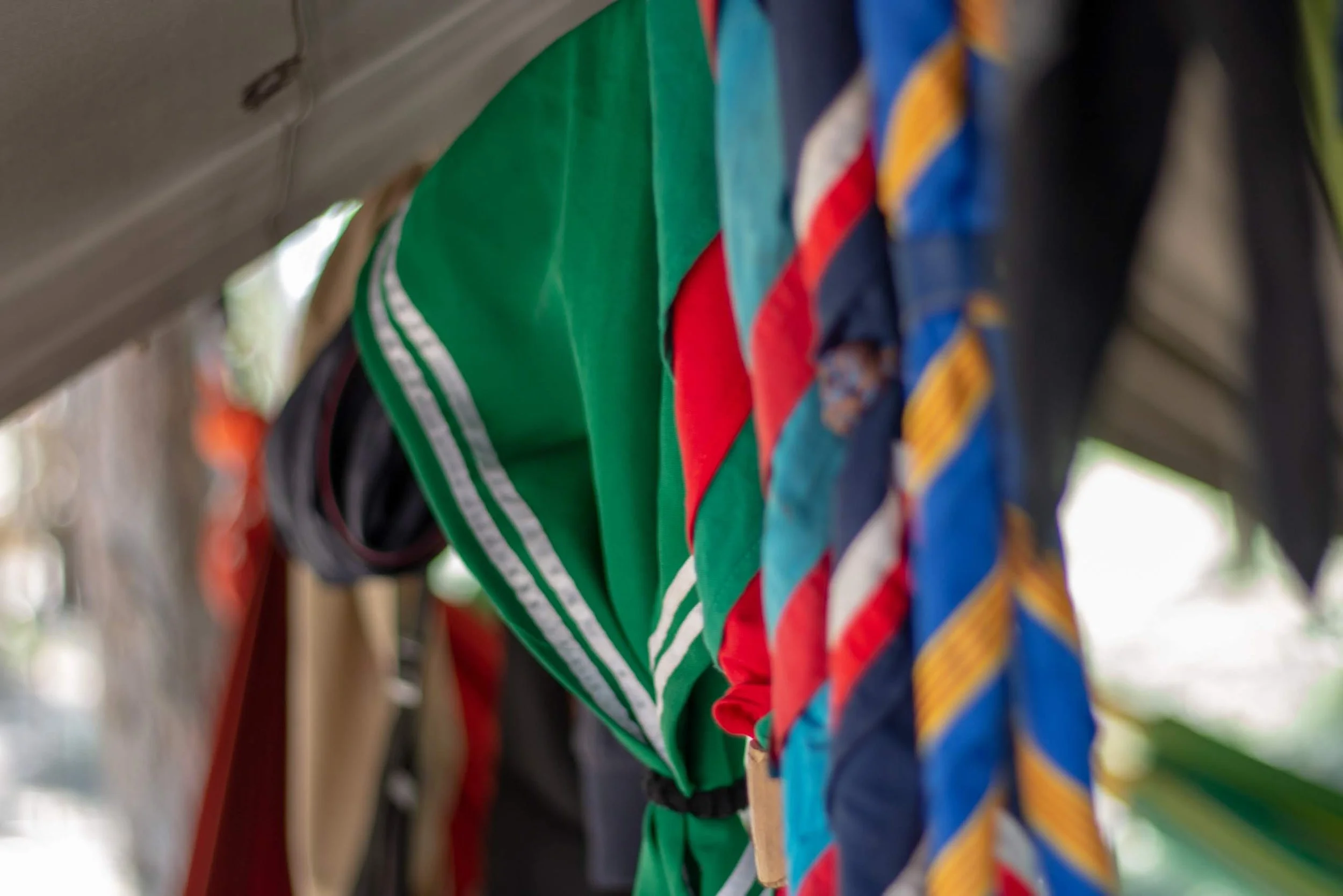 Verschiedene bunte Halstücher, darunter grün, rot, blau mit Muster, hängen an einer Holzwand.