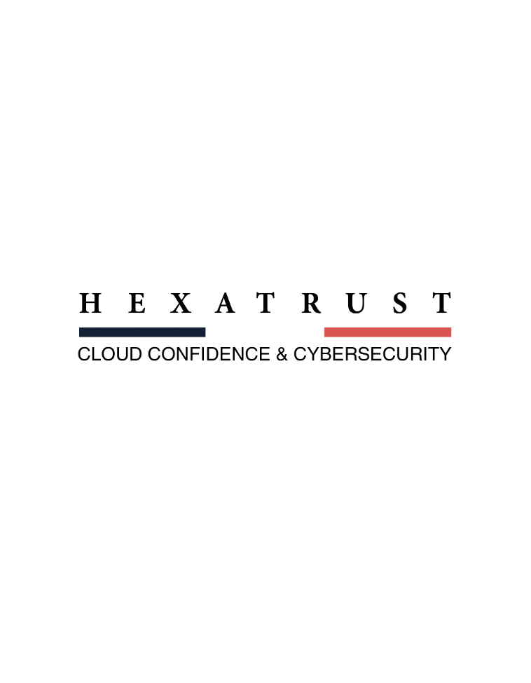 Logo HEXATRUST avec barres de couleur bleue et rouge, texte 'CLOUD CONFIDENCE & CYBERSECURITY'