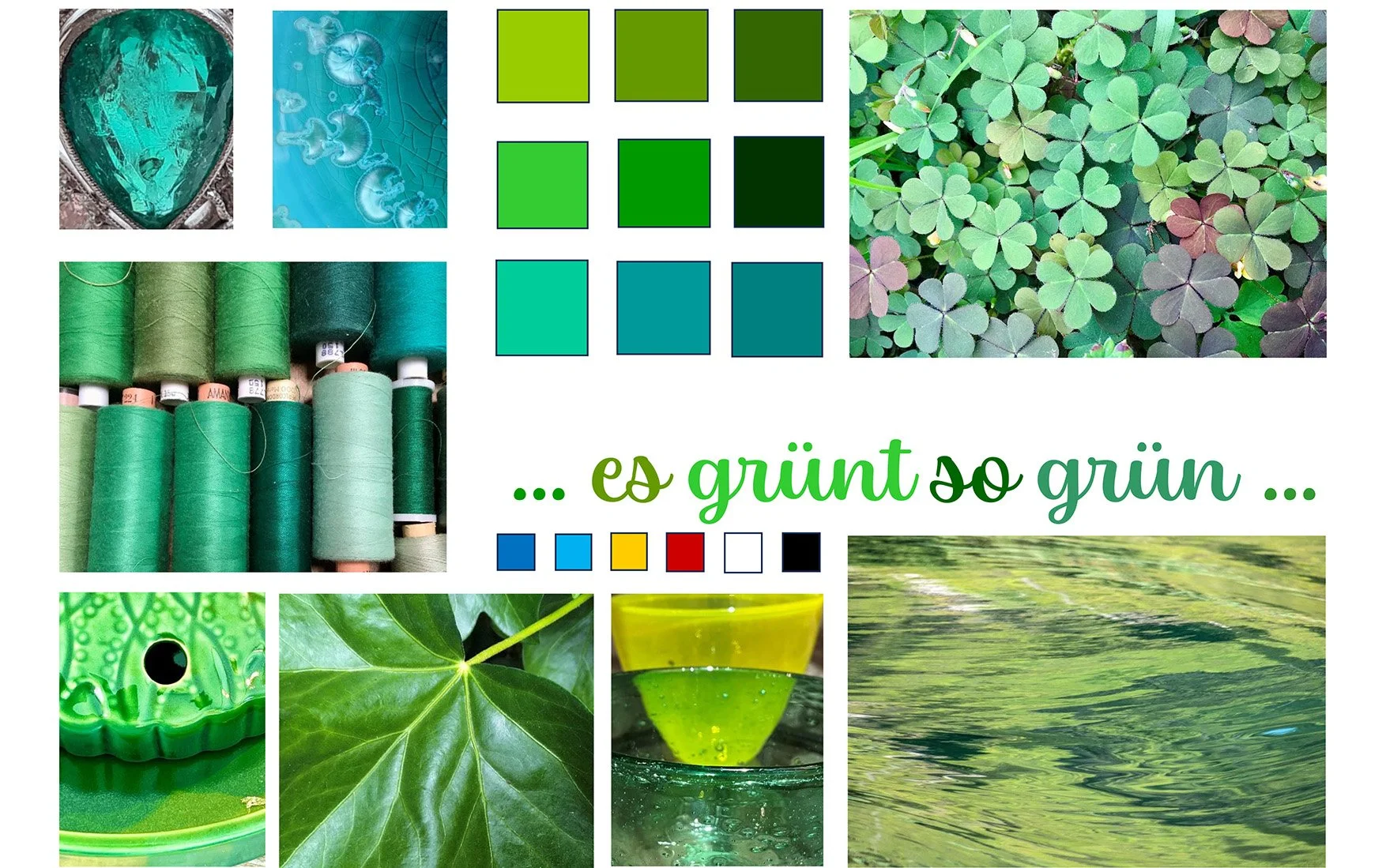 Mood board showing various green natural elements as well as threads for sewing