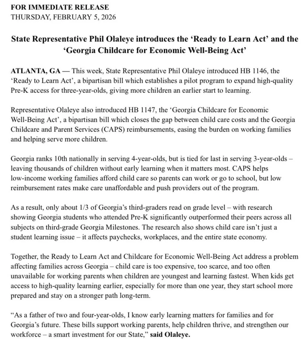 Proud to roll out two bills that expand access and affordability to critical early learning opportunities.

&ldquo;As a father of two and four-year-olds, I know early learning matters for families and for Georgia&rsquo;s future. These bills support w