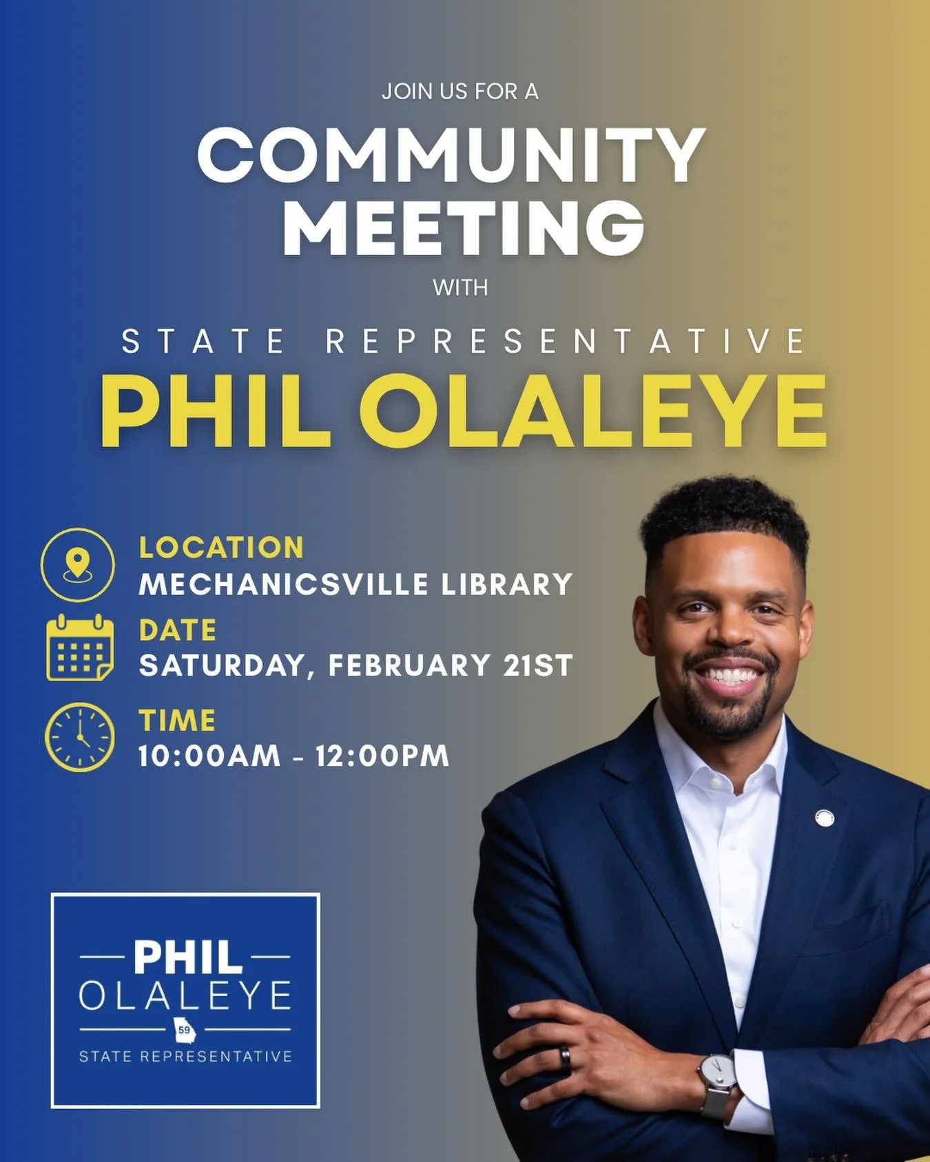 Neighbors &mdash; join me for our first legislative update of the year next Saturday, February 21st (10am-Noon) at Mechanicsville Library.

We&rsquo;ll talk bills, budget, my priorities, and have an open Q&amp;A. See you there! 👋🏽

#GaPol #RepPhil 