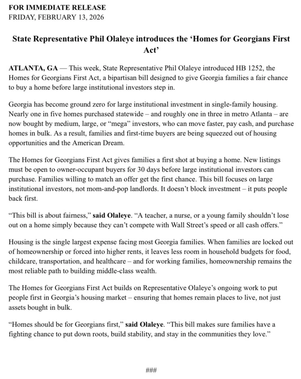 &ldquo;Homes should be for Georgians first,&rdquo; said Olaleye. &ldquo;This bill makes sure families have a fighting chance to put down roots, build stability, and stay in the communities they love.&rdquo;

Proud to drop the Homes for Georgians Firs