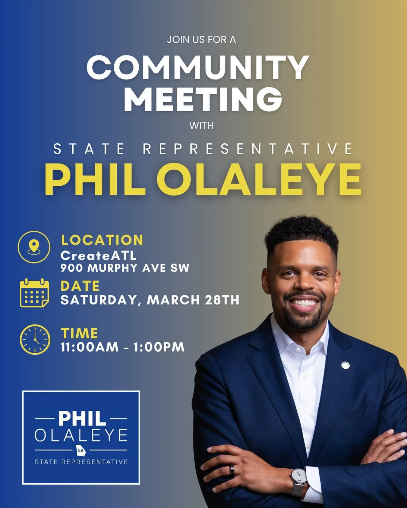 Final community meeting of the session! Come share what matters most and get the latest update from the Capitol. 

See you Saturday 👋🏽

#GaPol #RepPhil