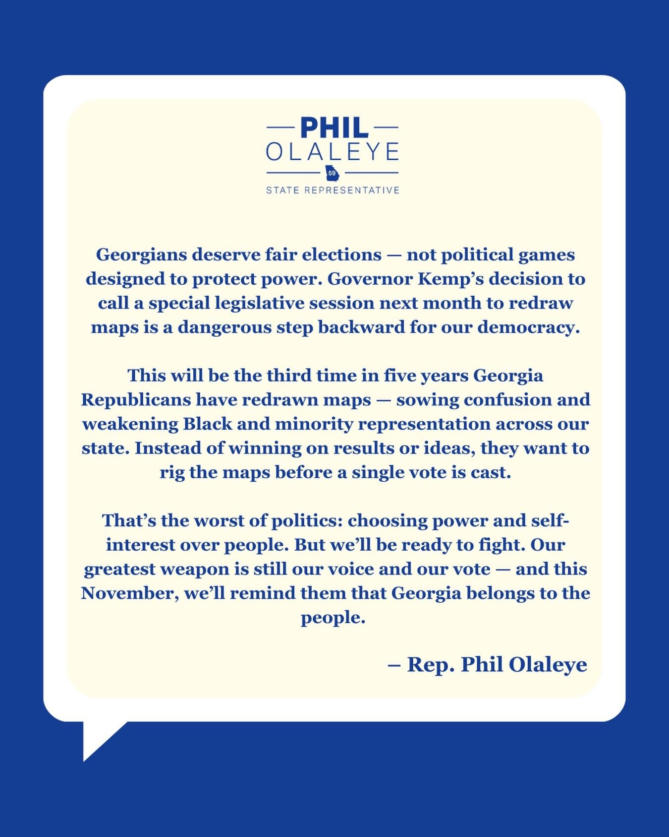 Governor Kemp has called a special session for June 17th to redraw Georgia&rsquo;s maps for a 3rd time in 5 years. Why? Because Republicans would rather rig the maps than win over voters.

#GaPol #RepPhil
