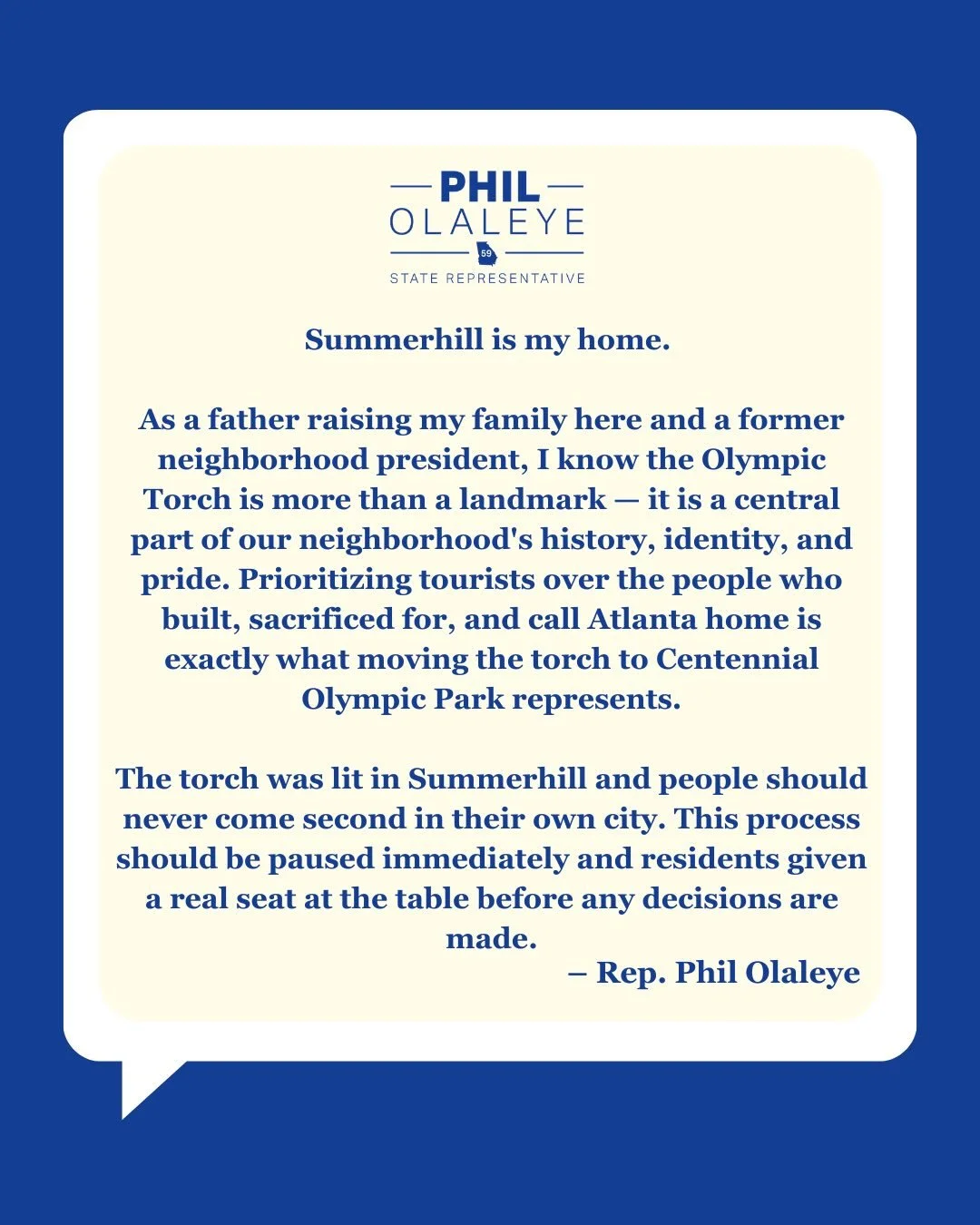 The 1996 Olympics happened in Summerhill. Moving the Olympic Torch without the community&rsquo;s voice isn&rsquo;t just relocating a landmark &mdash; it&rsquo;s erasing a key piece of our history.

#GaPol #RepPhil #Summerhill
