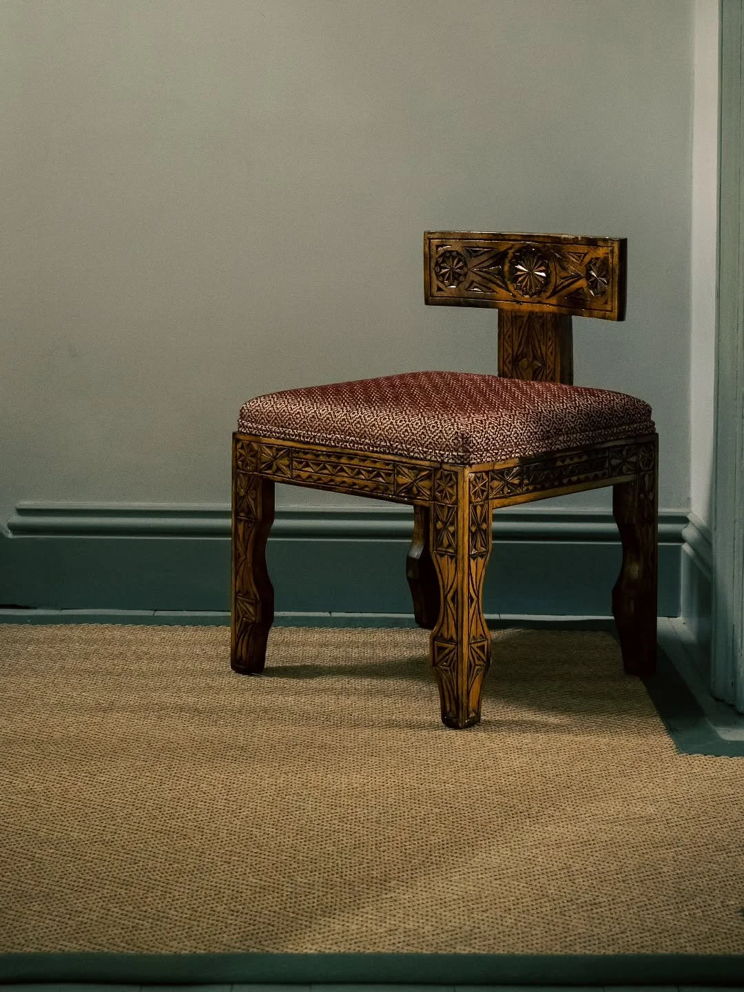 It&rsquo;s these one-off pieces that bring individuality and personality to a space.

We came across this chair in Marrakech and were instantly drawn to its hand-carved frame. Now reupholstered in a small-scale geometric Sanderson fabric, it sits per
