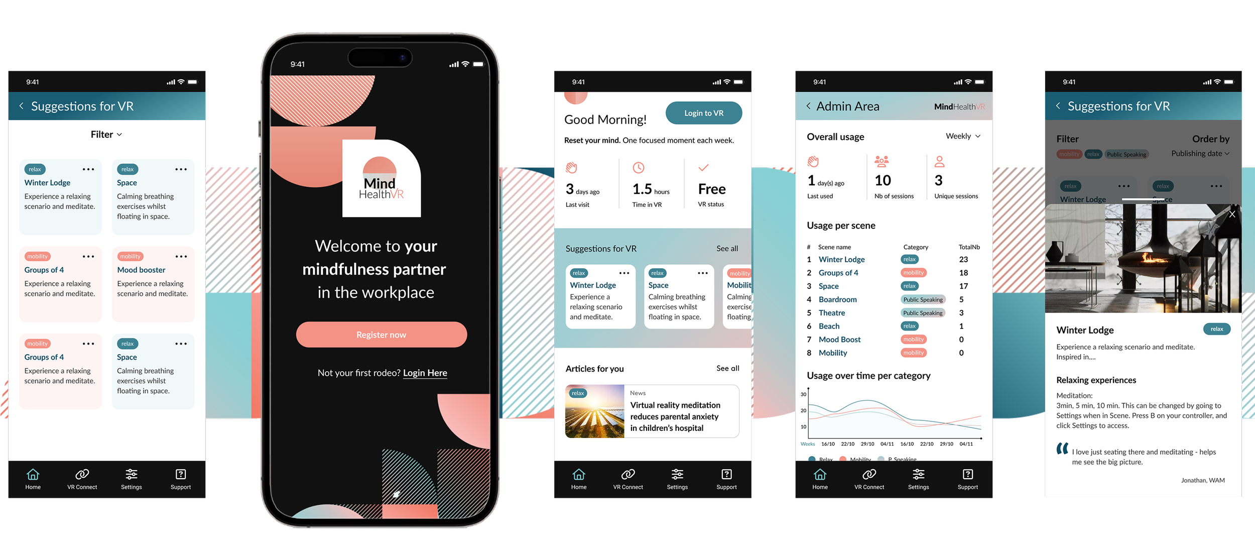 Companion App – Track usage, get reminders, upload presentations for VR practice, and view
company-wide trends.