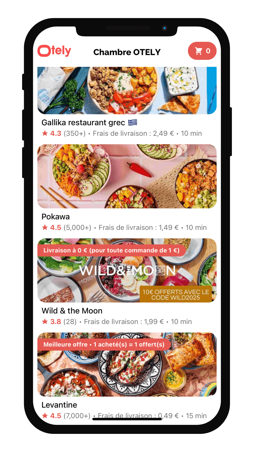 Interface d'une application de commande de nourriture, affichant des options de restaurants "Gallika", "Pokawa", "Wild & the Moon", et "Levantine", avec détails de livraison et évaluations.