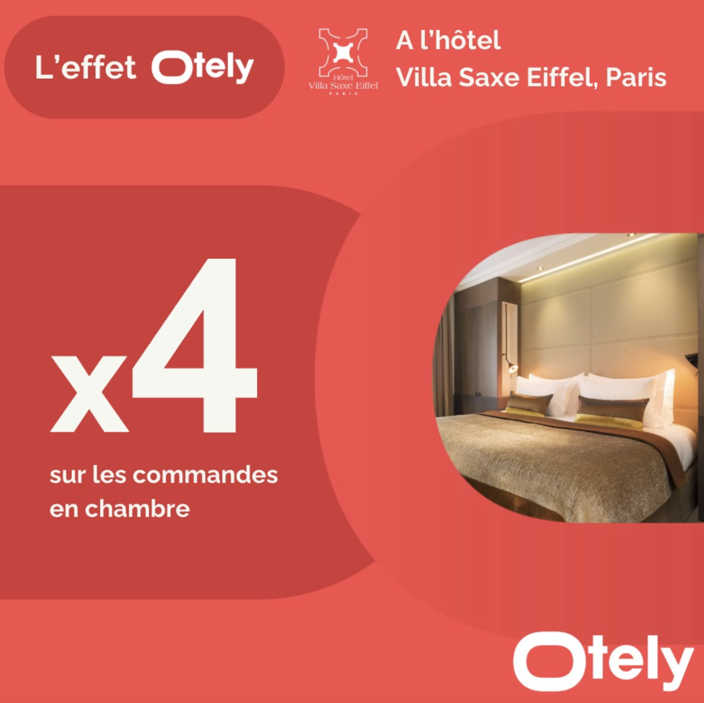 Promotion de l’effet Otely dans l’hôtel Villa Saxe Eiffel, Paris. Texte : 'x4 sur les commandes en chambre'. Visuel rouge avec une photo d’une chambre d’hôtel.
