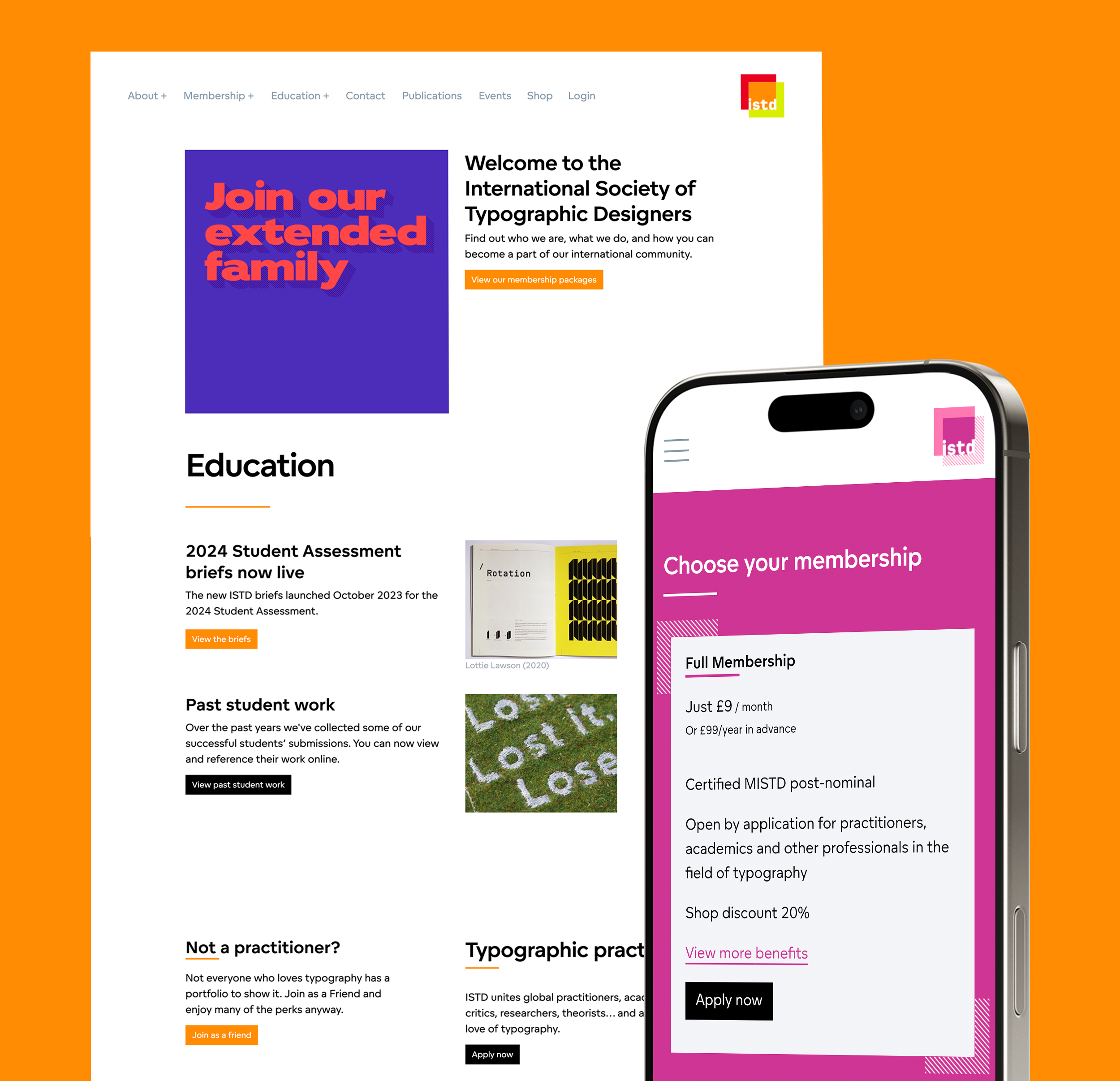 Hero image showing the ISTD website desktop homepage design alongside a mobile view of the membership overview page design.