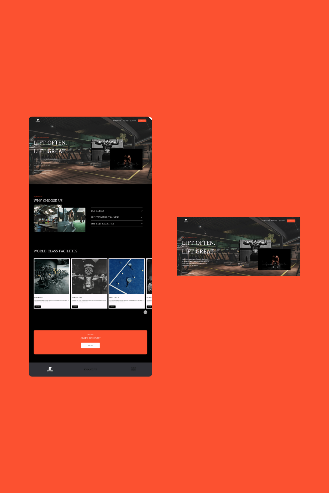A website homepage for a gym or fitness center with the slogan "Lift Often, Lift Great" and sections for reasons to choose the gym, world-class facilities, and a registration button. A mobile version of the same site is displayed next to it, all on an orange background.