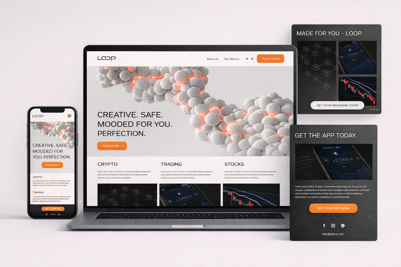 Display of a digital marketing website on multiple devices including a smartphone, laptop, and two banners, showcasing a design with white spheres connected by glowing orange lines, with text promoting crypto, trading, and stocks.