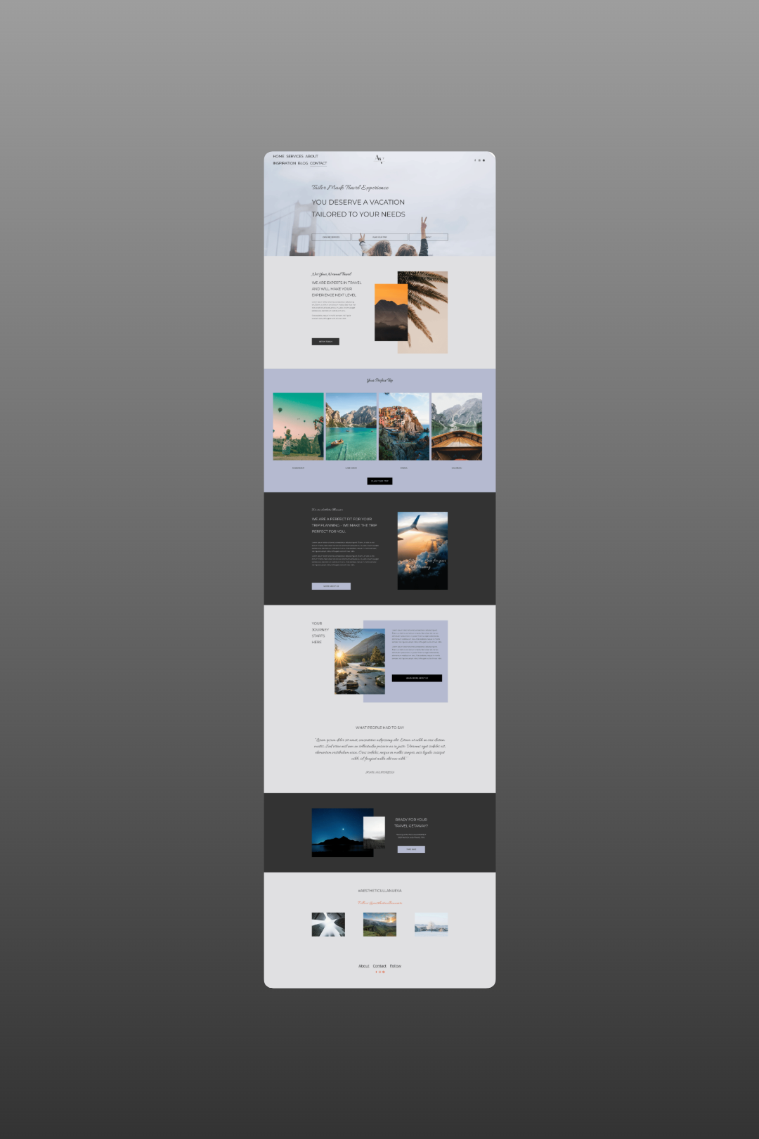 A vertical screenshot of a travel website homepage with various sections showcasing travel destinations, images of beaches, mountains, and a sunset, along with text about vacation packages and travel planning.