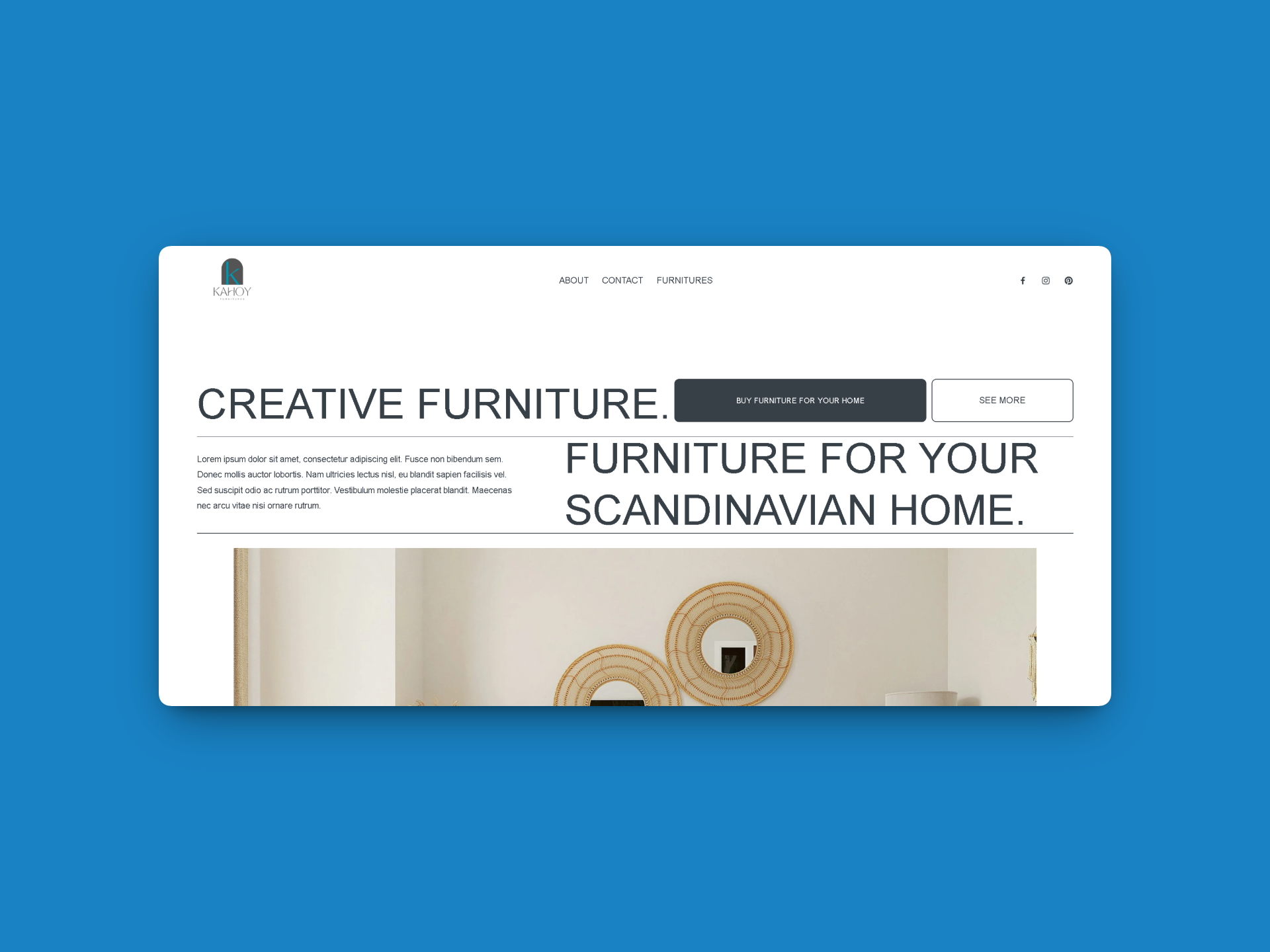 Screenshot of a Scandinavian furniture website with a white background, black text, and a navigation menu at the top. The page features a prominent headline about creative furniture, a call-to-action button, and a partial image of a room with decorative mirrors.