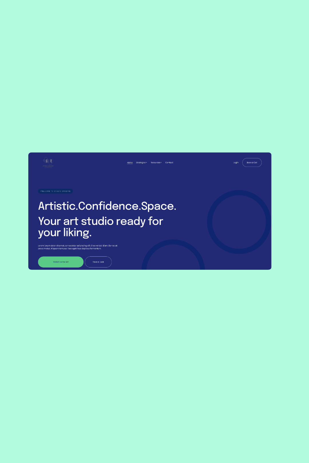 Website homepage for an art studio called Artistic Confidence Space, featuring a dark blue background with white text and green and navy buttons, and a navigation menu at the top.