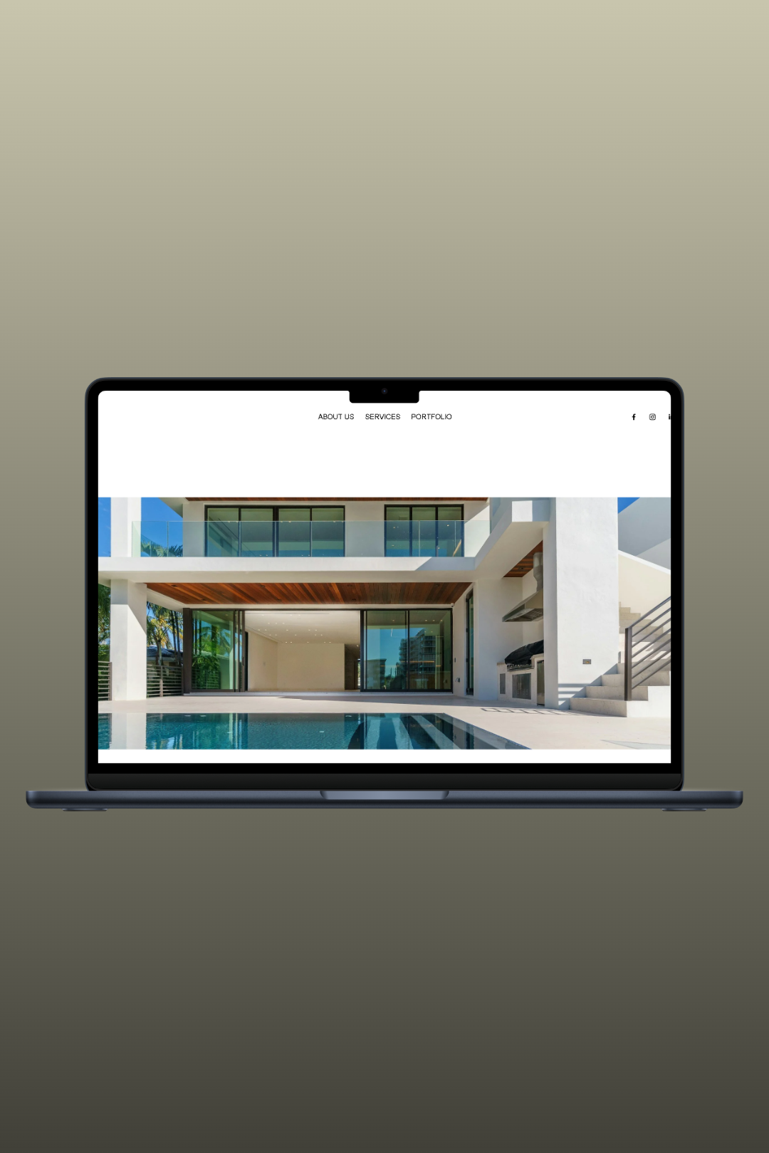 Laptop displaying a modern house with a swimming pool in the foreground.