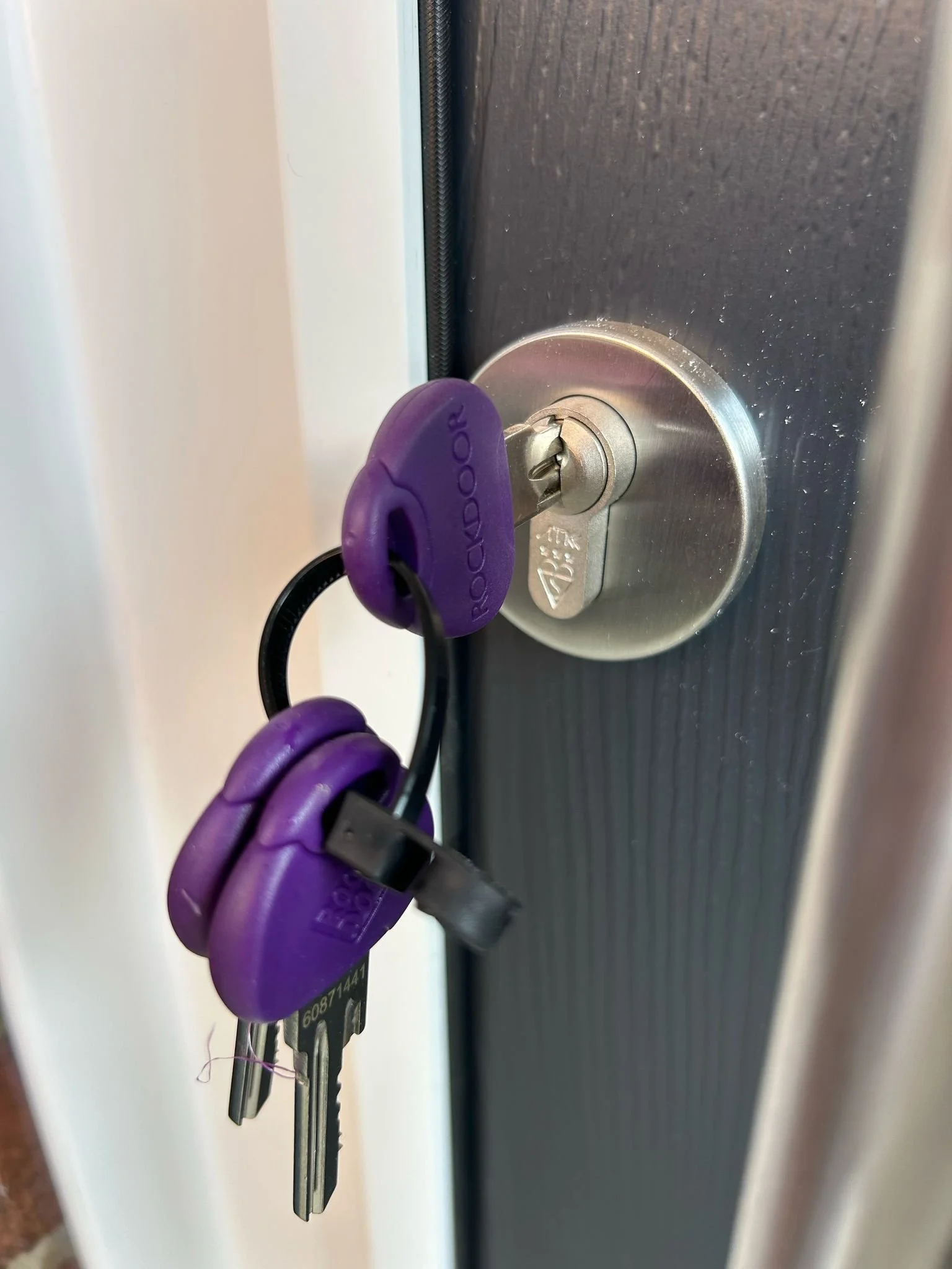 Close-up of a metal door lock with a key inserted, holding purple Rockdoor locks attached to the key.