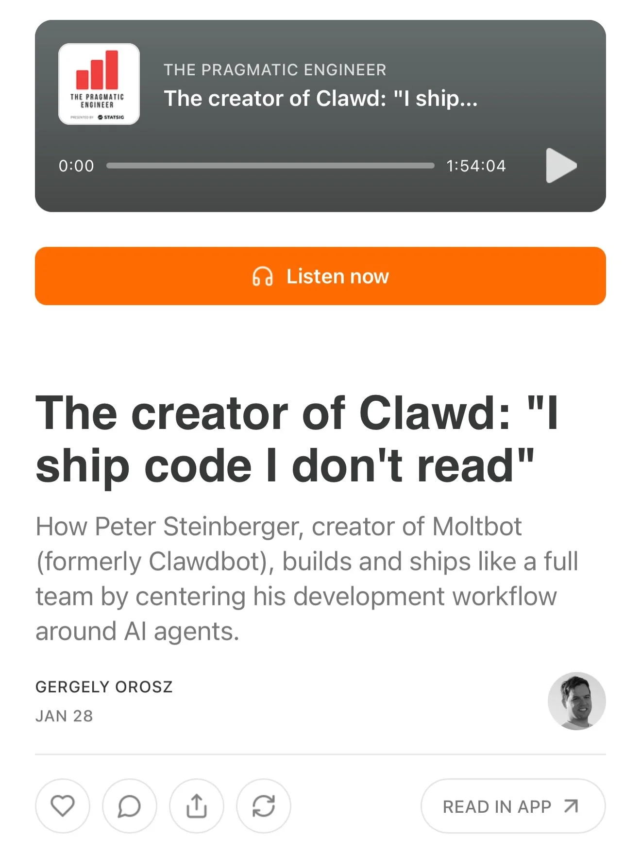 Highly recommend listening to the conversation of Gergely Orosz aka THE Pragmatic Engineer with the creator of #clawd. I&rsquo;m not going to spoil it here for you, 🔗 in comm but if you don&rsquo;t listen to anything else this week, just listen to t