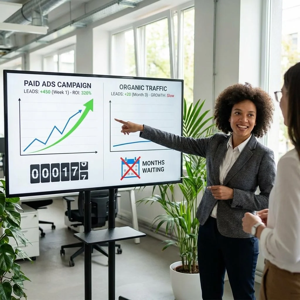 Businesswoman in a gray blazer presenting data on a screen showing 'Paid Ads Campaign' and 'Organic Traffic' with graphs, in an office setting with plants and large windows.