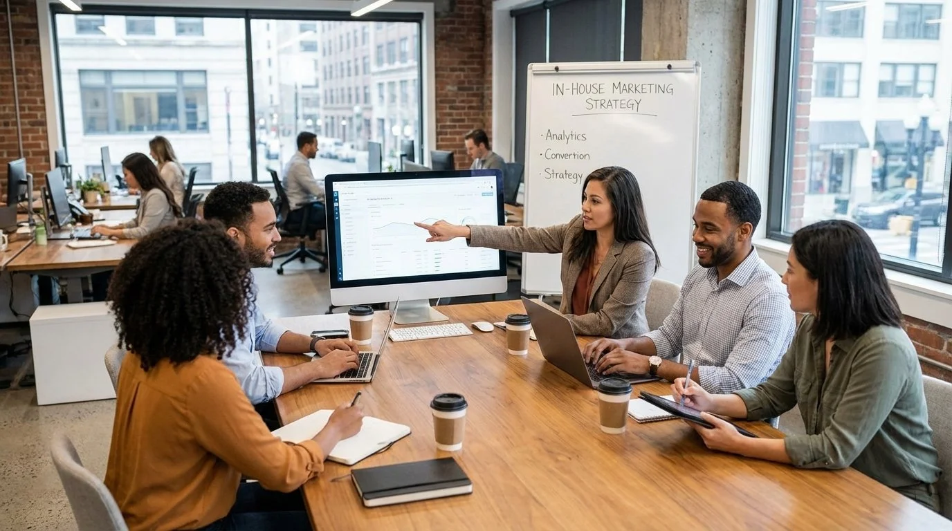 Business people in an office engaged in a marketing strategy meeting, with a woman pointing at a monitor displaying graphs and charts, and a whiteboard in the background with the words 'In-House Marketing Strategy' and related points.