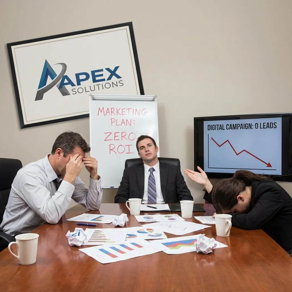 Three businesspeople in a meeting room, two looking stressed and one explaining while seated at a table with papers. A handwriting whiteboard reads 'MARKETING PLAN: ZERO ROI.' A TV screen shows a declining graph labeled 'DIGITAL CAMPAIGN: 0 LEADS.' A framed Apex Solutions logo is on the wall.