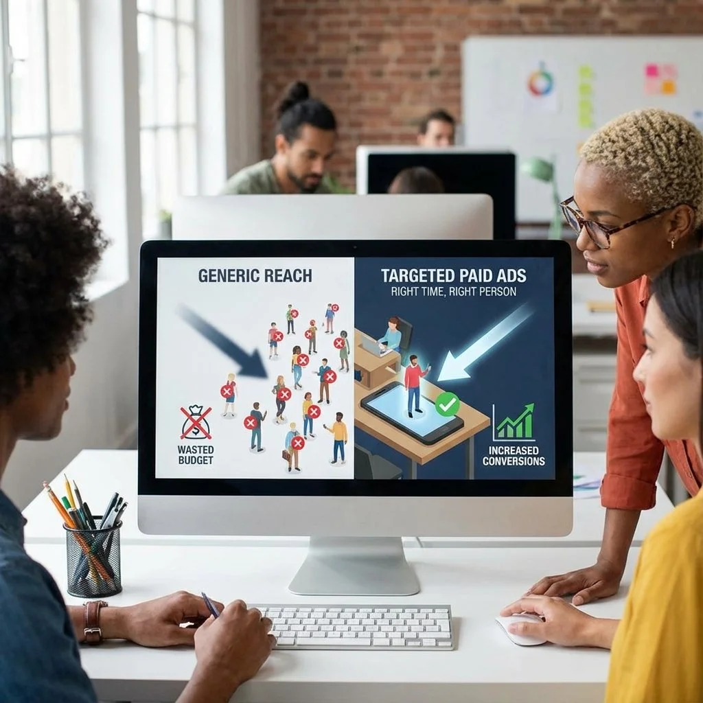 Team discussing a marketing presentation on a computer screen comparing generic reach with targeted paid ads, highlighting increased conversions and reduced wasted budget.
