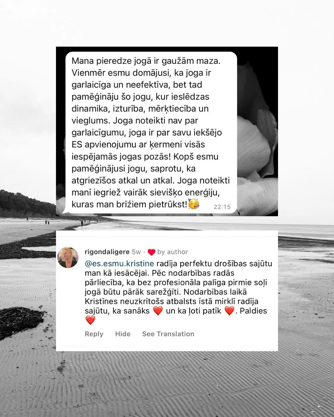 Screenshot featuring a text message about yoga experience, discussing its dynamics, resilience, and benefits. Below, there is a social media comment praising a yoga instructor for providing a sense of security and professional guidance for beginners.