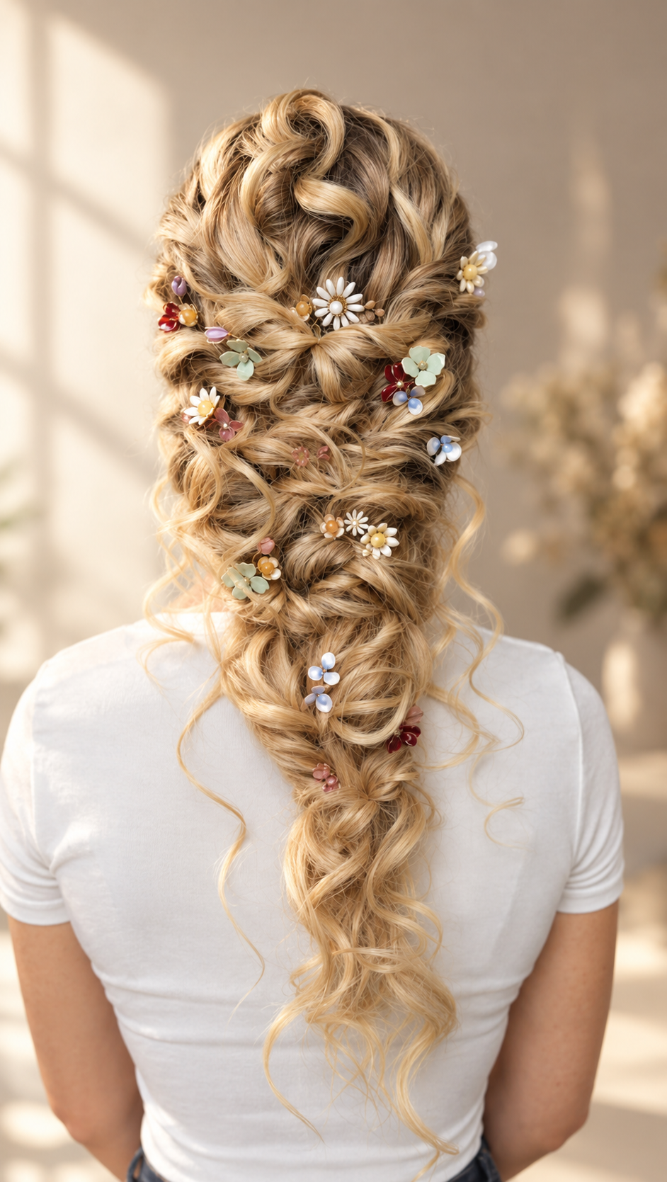 Romantische Blumenflechtfrisur im warmen Licht.png