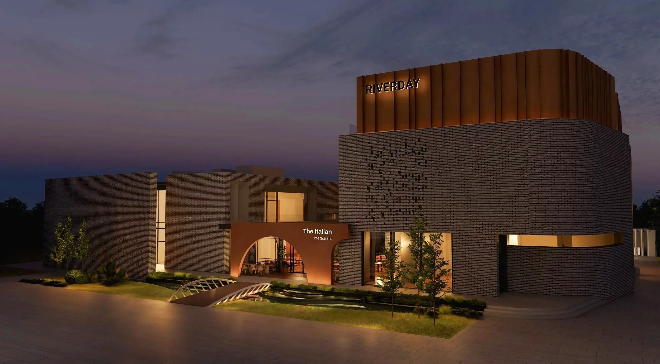 Riverday building at night.