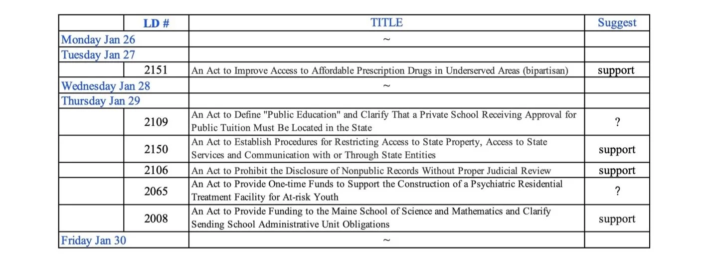 Action 201: MAINE legislation 1/26-1/30