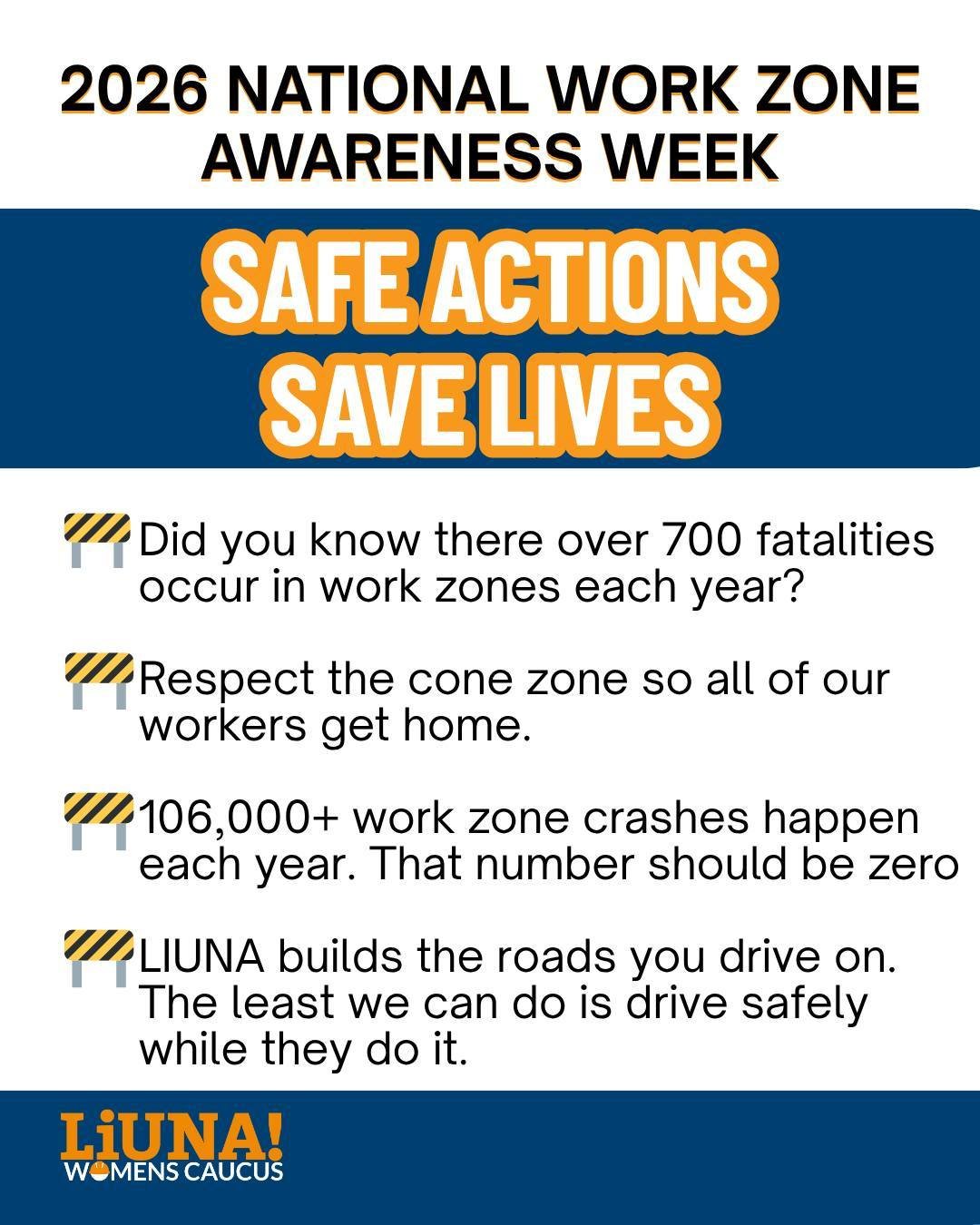 Safe Actions. Save Lives

Did you know there are over 700+ fatalities occur in work zones each year?

Remember when approaching a work zone slow down.

#WorkZoneSafety #lhsfna #NWZAW
#ORANGE4SAFETY #GoOrangeday
#LIUNAWOMENSCAUCUS