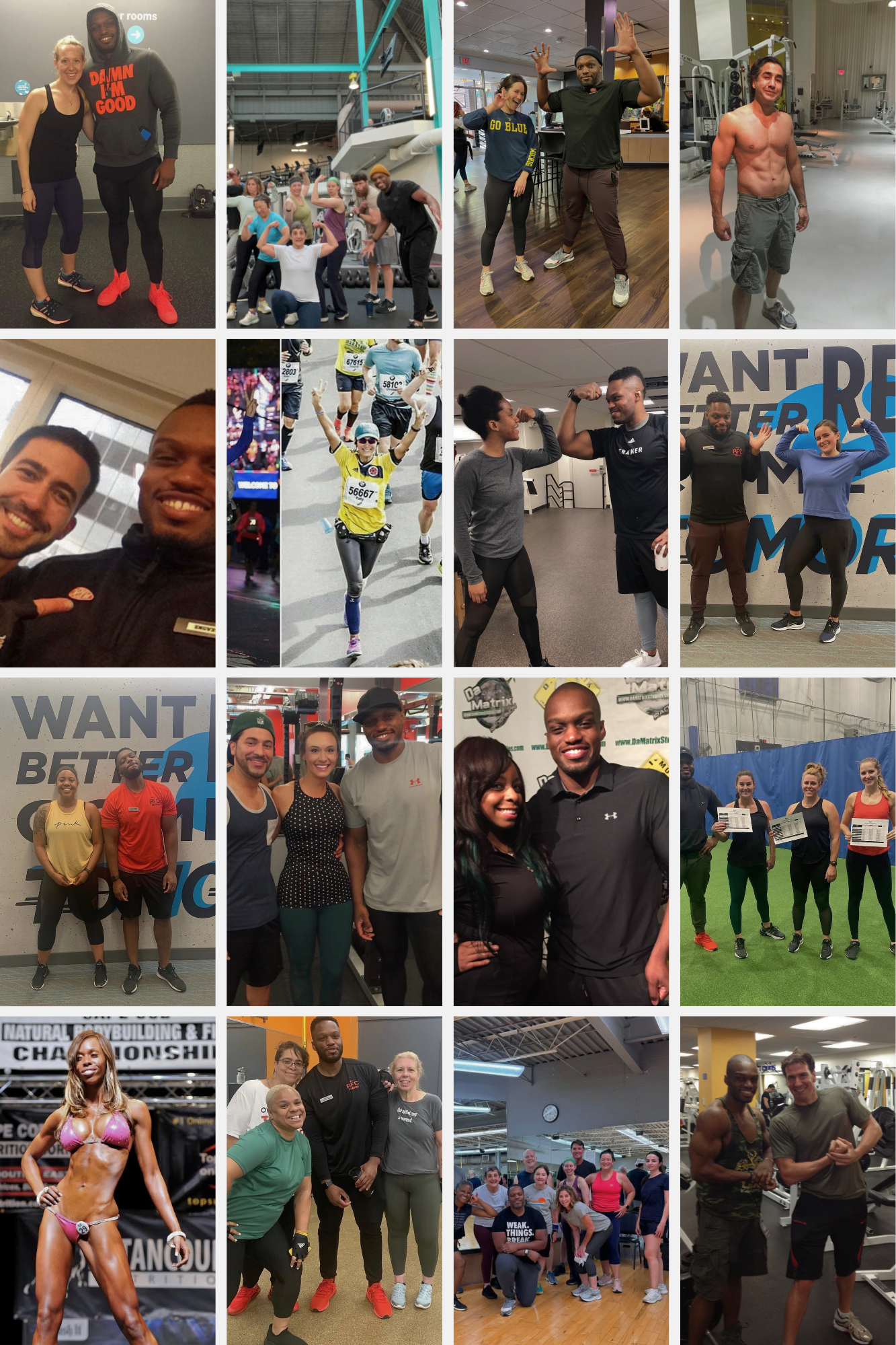 Collage of diverse people at Fitness and Weightlifting events, gyms, runs, and competitions, engaging in fitness activities, posing, and celebrating achievements.