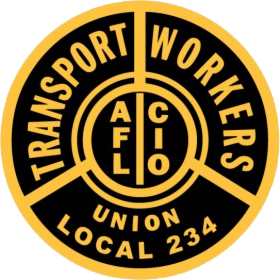 Seal of the American Federation of Labor and Congress of Industrial Organizations Local 234, featuring a black and yellow design with a circular layout, text for 'Transport Workers Union Local 234' and 'AFL-CIO'