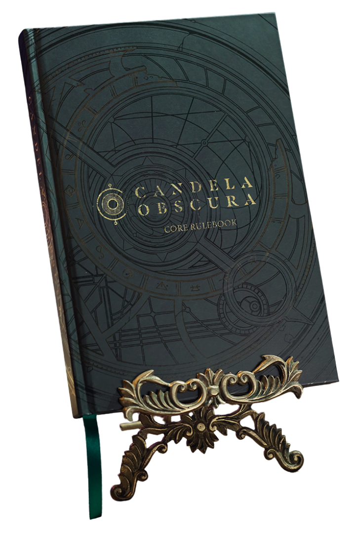 The TTRPG rulebook, "Candela Obscura" displayed on a brass stand.