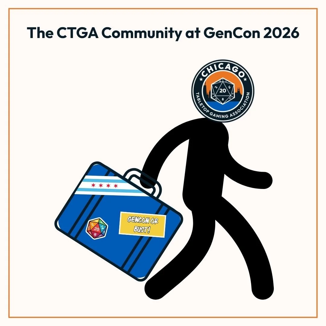 A stick figure with the CTGA logo for a head, on the way to GenCon 2026.