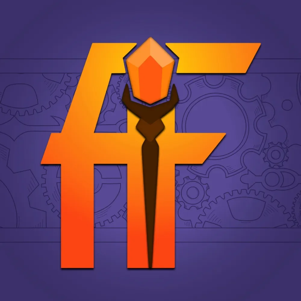 The logo for Arcana Factory, a vivid orange "AF" on a deep indigo purple background. The background has an overlay of gears and a orange crystal staff stands between the A and the F.