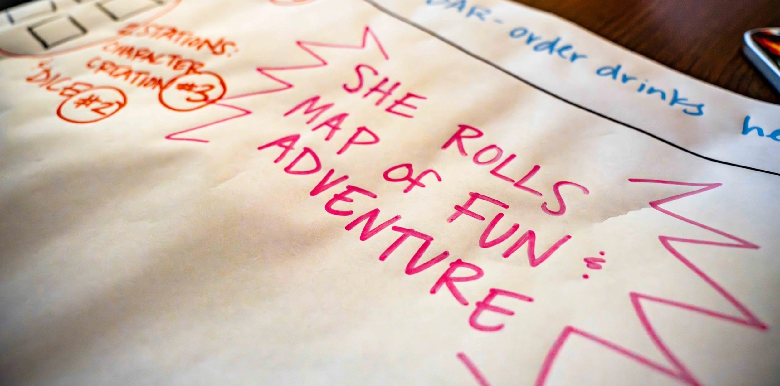A drawing that reads: "She Rolls Map of Fun Adventure" in bright pink.