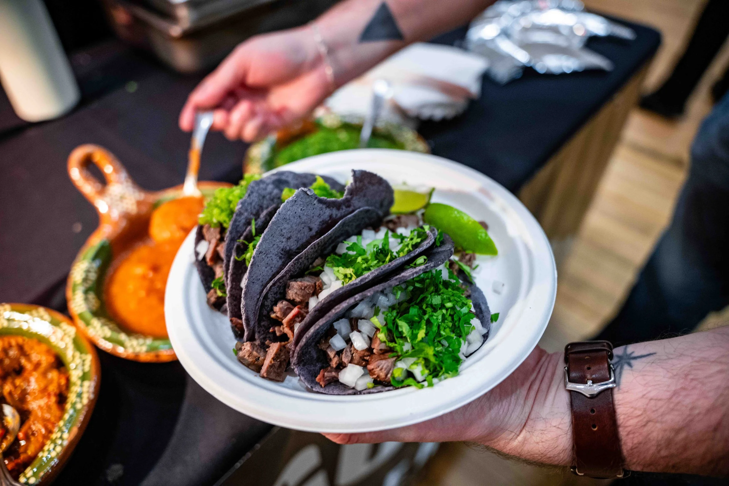 Beautiful blue corn tacos made by Rojo Gusano.