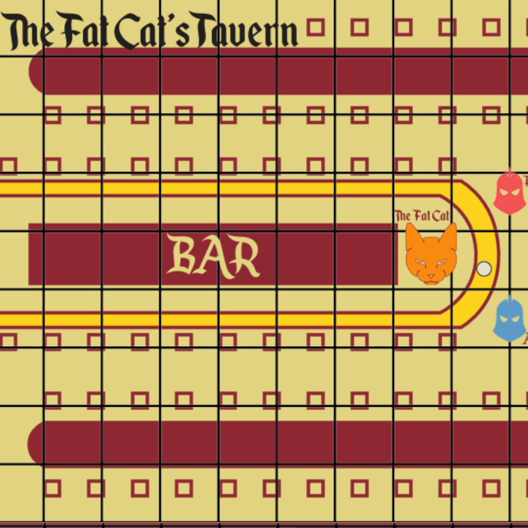 A battle map of The Fat Cat's Tavern, created by Tom Chiodini.