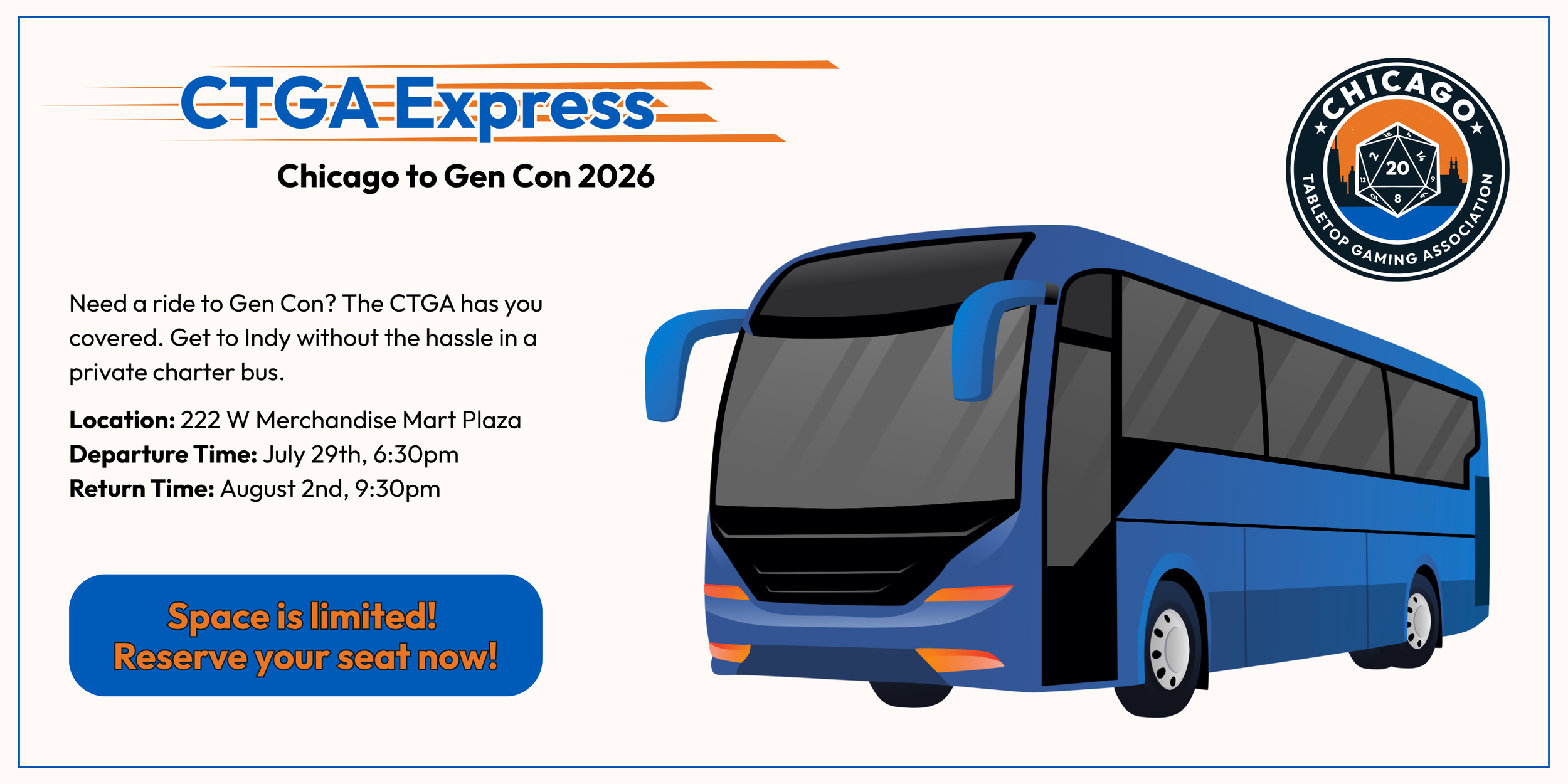 A promo image for the CTGA Express, a private, nerd-filled charter bus from Chicago to Indianapolis for Gen Con 2026.