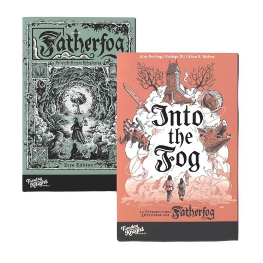 The covers of two TTRPG books, "Fatherfogs" and "Into the Fog".