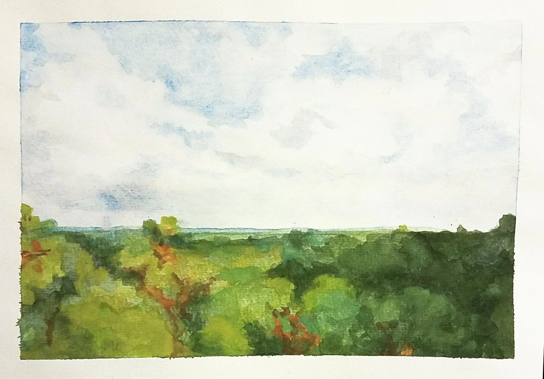 Watercolor painting of a green landscape with trees and a cloudy sky.