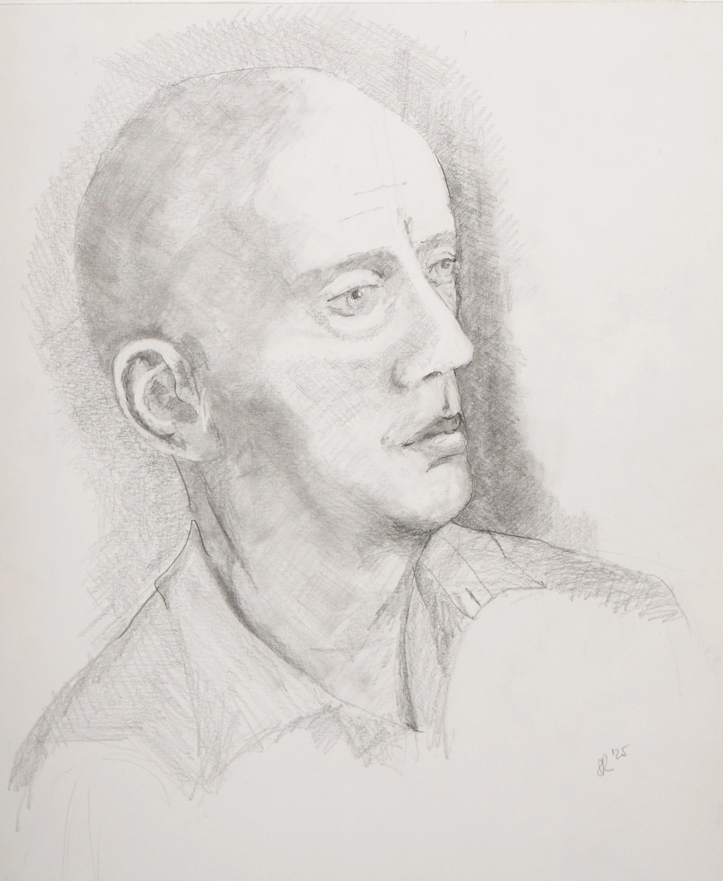 A pencil sketch of a man in profile with detailed shading, wearing a collared shirt.